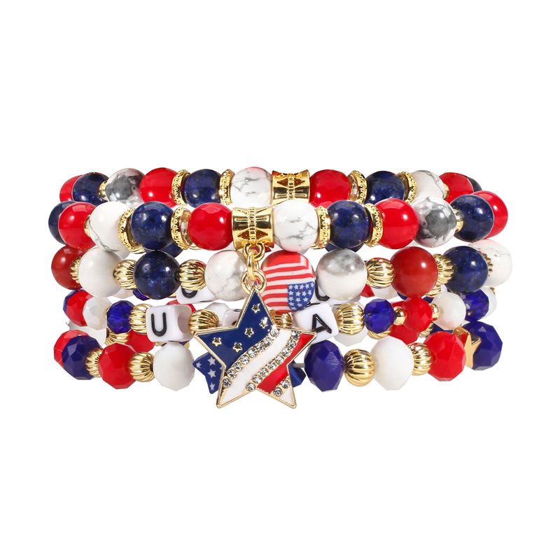 Handgefertigtes patriotisches Perlenarmband mit Natursteinen – USA-Flagge und Stern-Design – Unisex-Schmuck für Männer und Frauen, Größenverstellbar, Fünfzackiger Stern_voghion.com