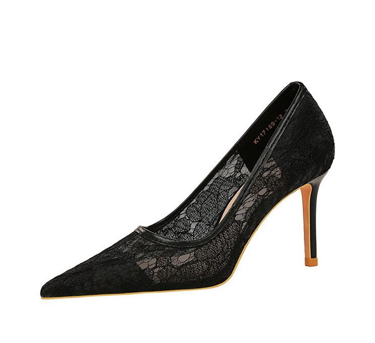 Banquet women's shoes slim high heels shallow mouth pointed stilettos high heels mesh hollow lace high heels single shoes_voghion.com