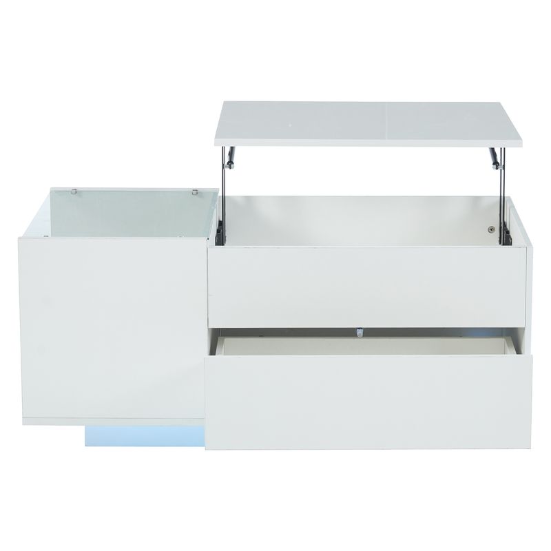 Table basse réglable en hauteur 95 x 48 x 42 cm avec rangement dissimulé, éclairage LED, tiroir et prise – Table d'appoint de salon blanche_voghion.com