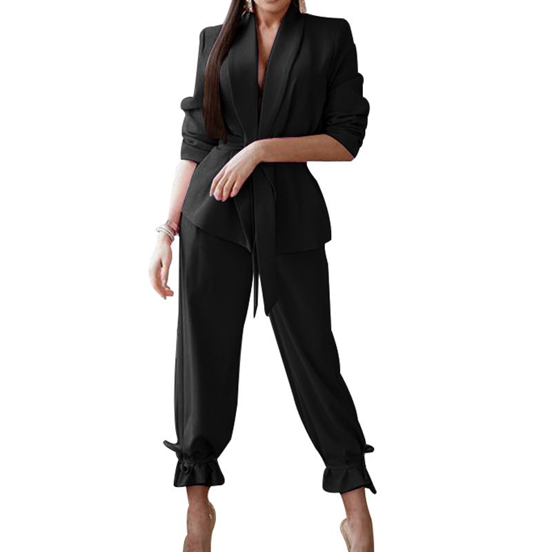 Costume deux pièces décontracté de couleur unie pour femmes_voghion.com