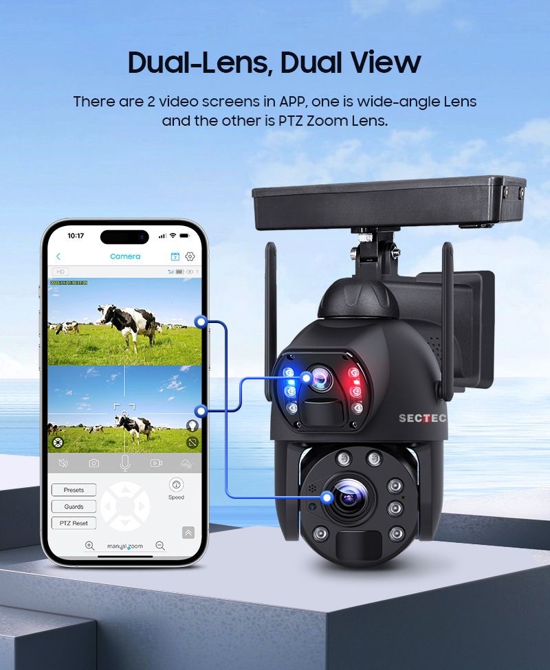 Outdoor Solar 4G Security Camera - Dual-Lens HD Surveillance Low Power Consumption Weatherproof Night Vision AI Motion Detection Wireless Monitoring_voghion.com
