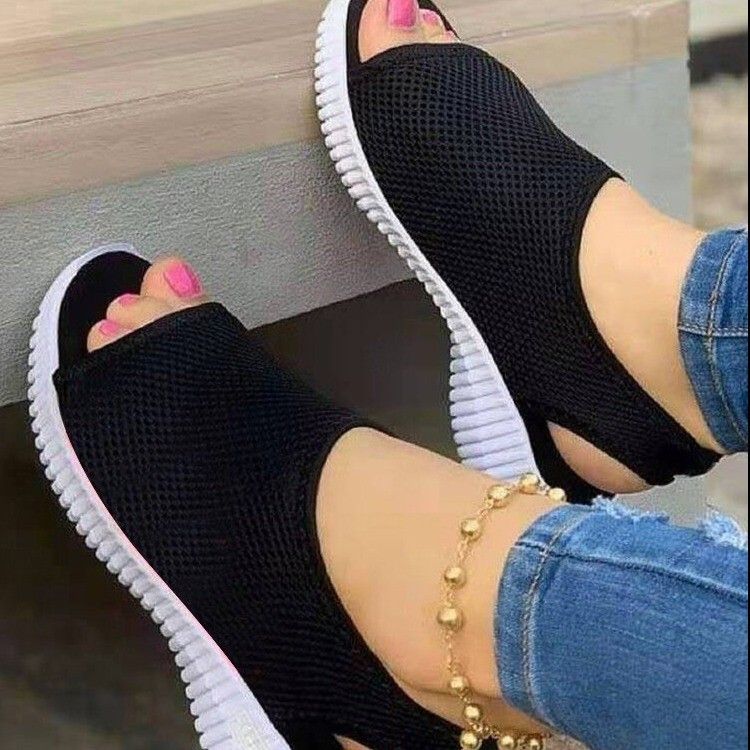 2025 Summer New Thick Sole Mesh Knitted Fish Mouth Sandals, Large Size One Step Women's Shoes_voghion.com