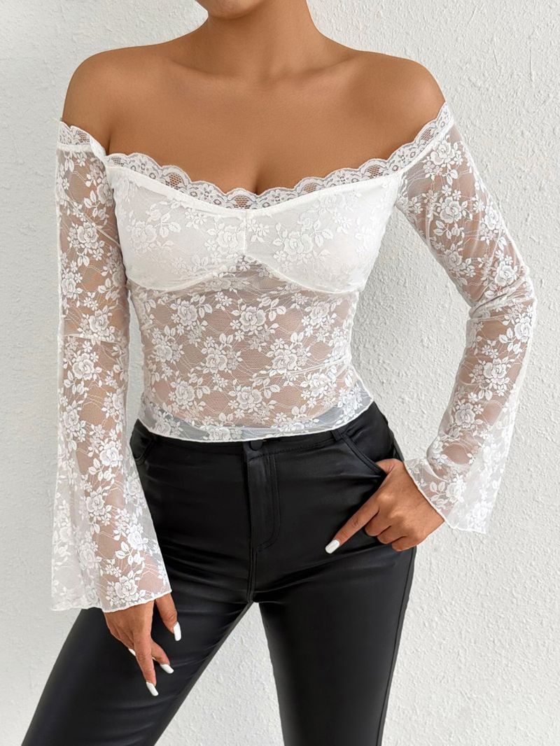 Spring Cross Border Hot Sale Sexy Off Shoulder Tops Women's T Shirts Lace Bottom Raglan Sleeve Tops_voghion.com