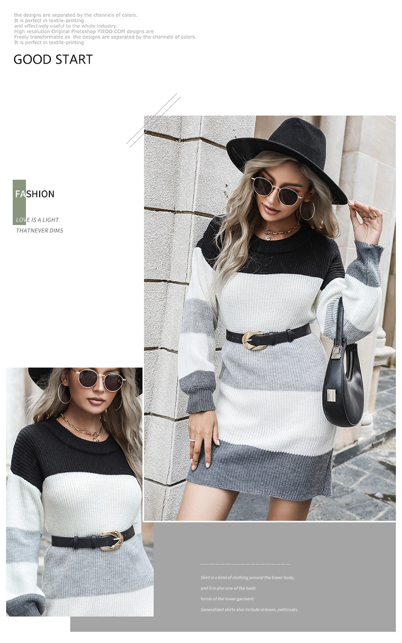Lockeres, langärmeliges Pulloverkleid mit Farbblock und Rundhalsausschnitt_voghion.com