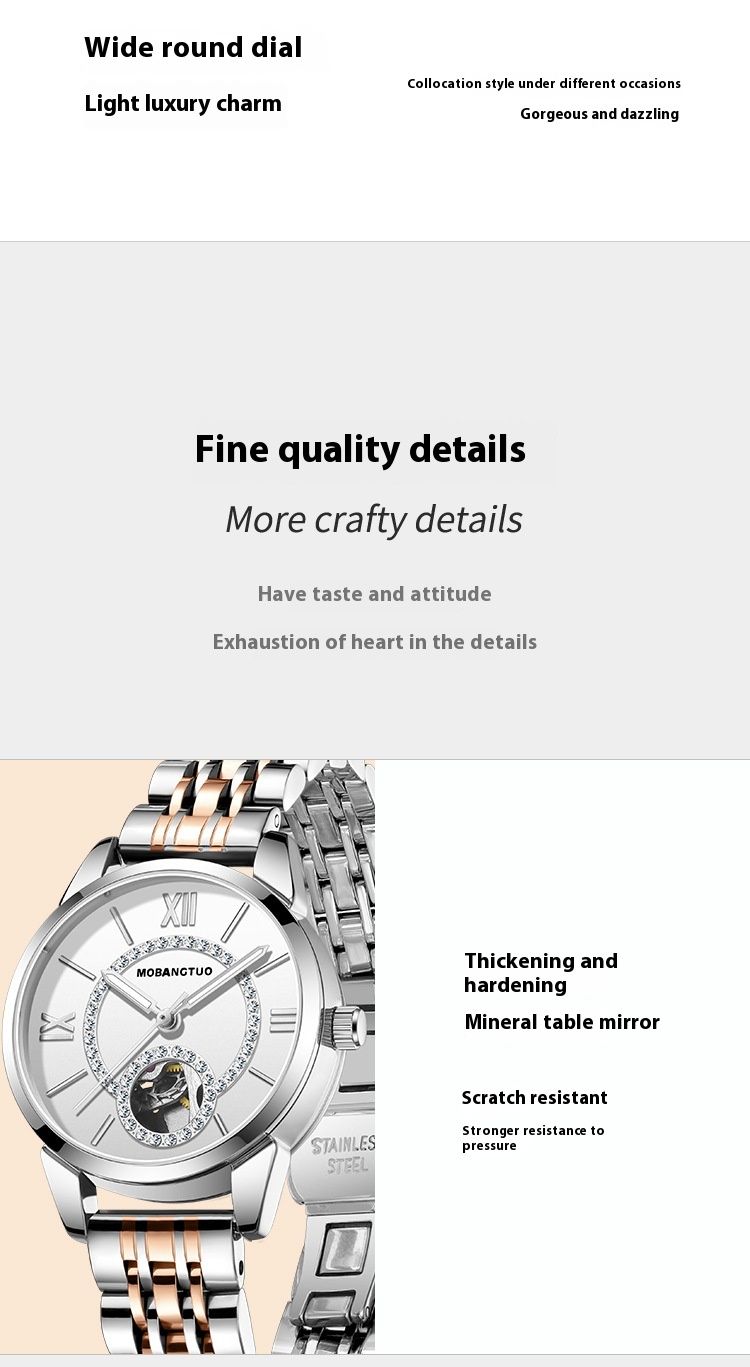 Ceas mecanic de damă, complet automat, la modă, cu incrustații de diamante, cu mecanism modern, culoare goală, curea din oțel impermeabilă_voghion.com