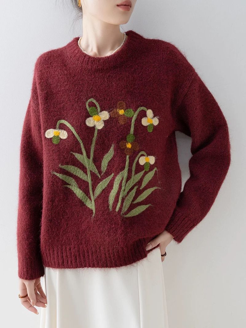 Damen-Strickpullover mit Blumenmuster und Jacquardmuster – Übergroßer, dicker, kurzer Pullover mit geripptem Saum, gemütliches Lagenstück für den Herbst (Einheitsgröße, Creme/Burgunderrot/Marineblau)_voghion.com