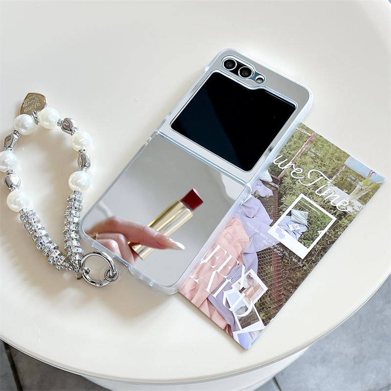 For Samsung Galaxy Z Flip 3 4 5 6 Fashion Mirror Pearl Diamond Heart Strap Chain Bracelet Soft Phone Case Cover_voghion.com