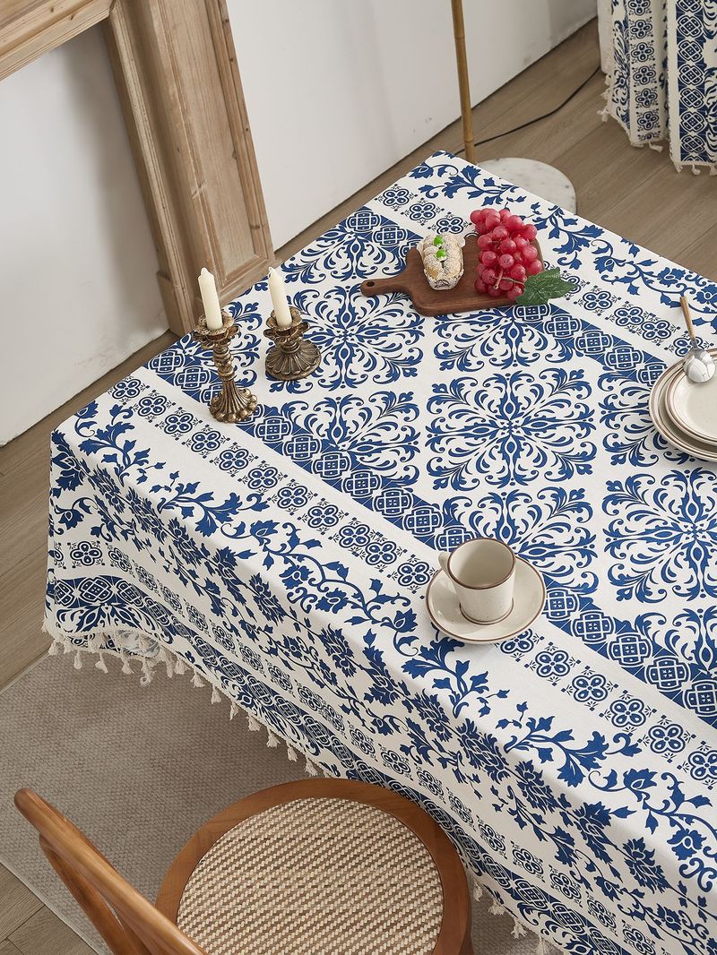 Tovaglia in porcellana blu e bianca – 59% cotone e 41% poliestere, antiscivolo e resistente al calore (rettangolare, 150x100 cm/150x300 cm)_voghion.com