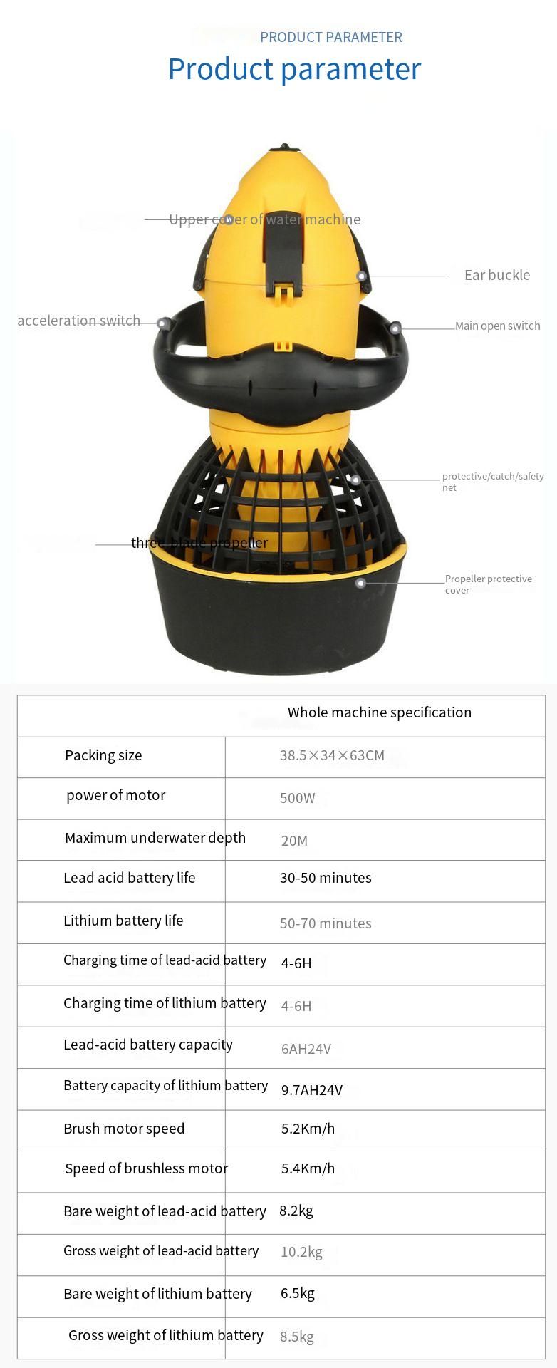 Motore brushless sommergibile al piombo da 500 W, attrezzatura subacquea, propulsore subacqueo, batteria al litio_voghion.com