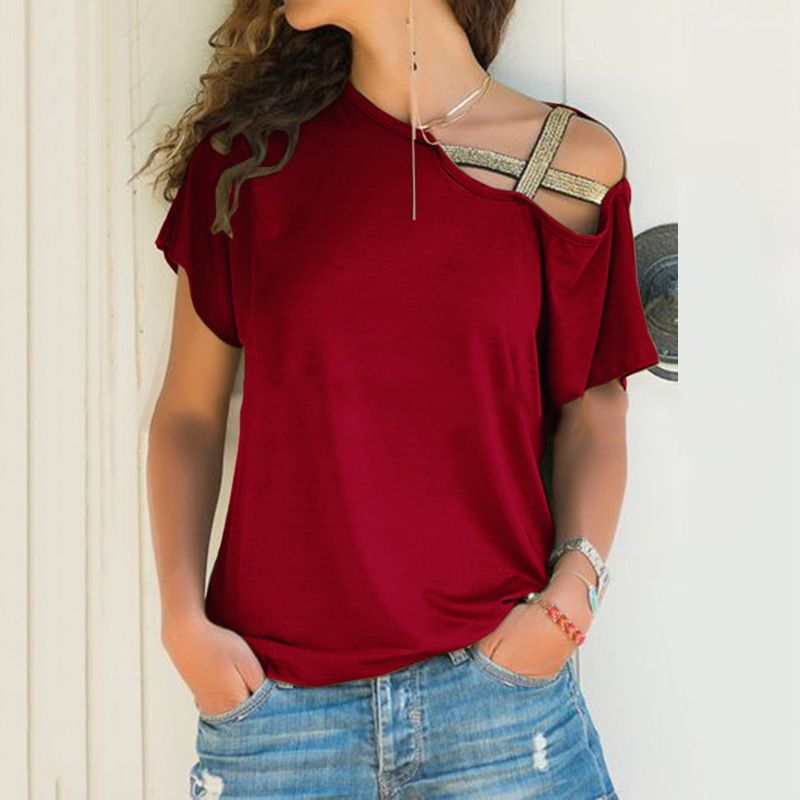 hot selling Summer casual diagonal shoulder cross irregular short sleeved printed women's T-shirt for women_voghion.com
