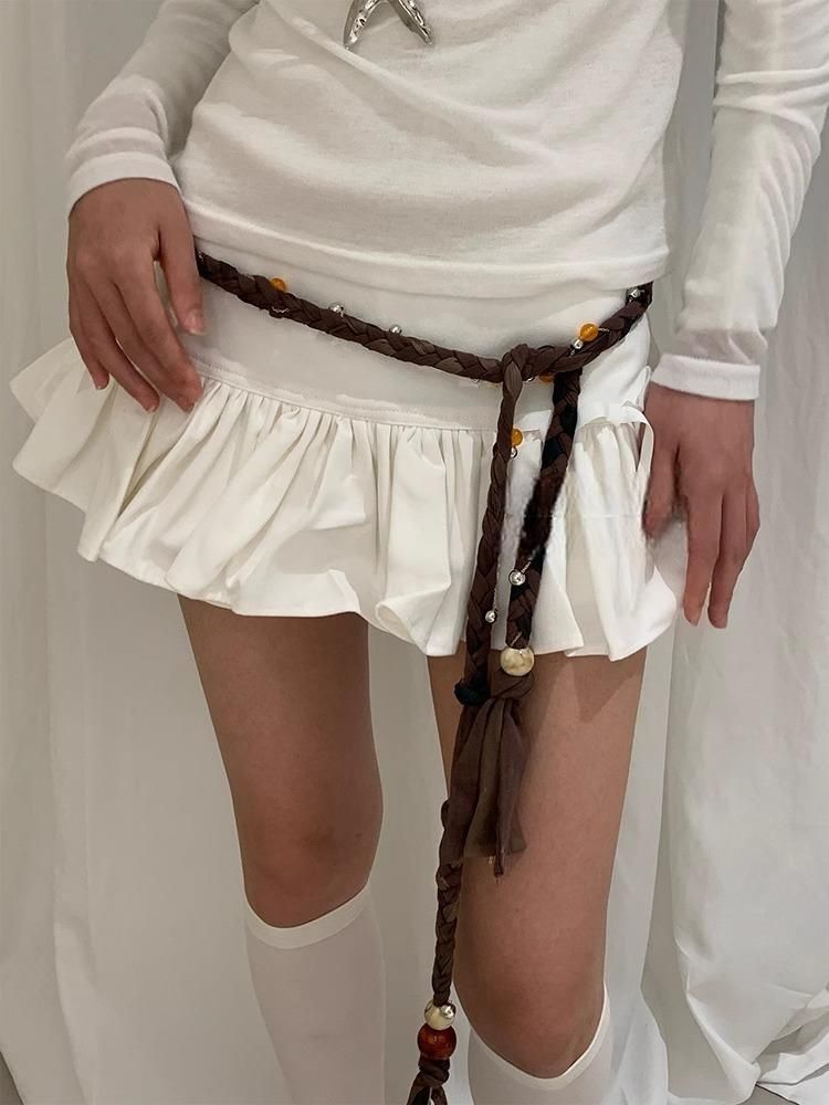 Sommer Nischendesign Handgewebter quadratischer Leinengürtel mit losen Perlen High Street Girl Tie Quaste Taillenkette_voghion.com