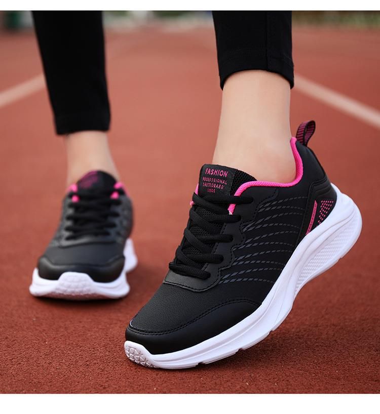 Black casual running women's autumn sports , lightweight soft soled leather surface, waterproof and non slip, work_voghion.com