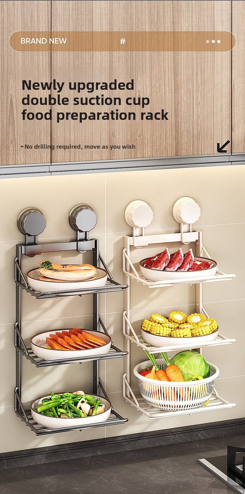 New Kitchen Suction Cup Household Multi-layer No-drill Prep Tool Wall-mounted Storage Rack_voghion.com