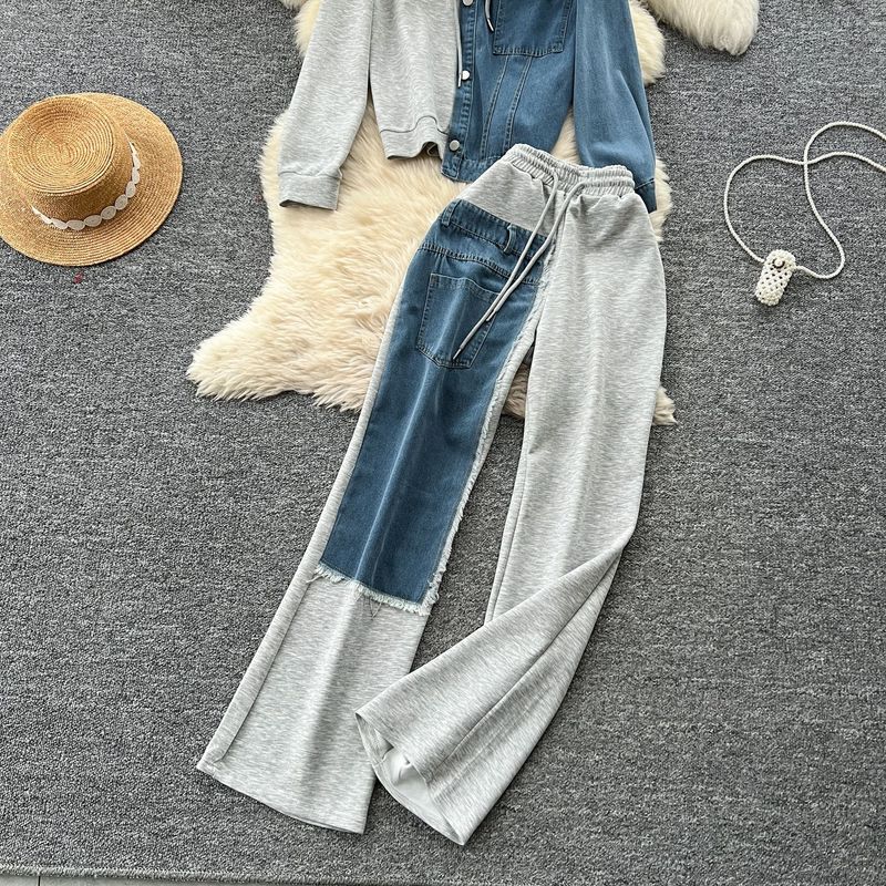 Casual Suit For Women Fashionable Design Splicing Hooded Sweatshirt High Waist Denim Splicing Wide Leg Pants Two Piece Set_voghion.com