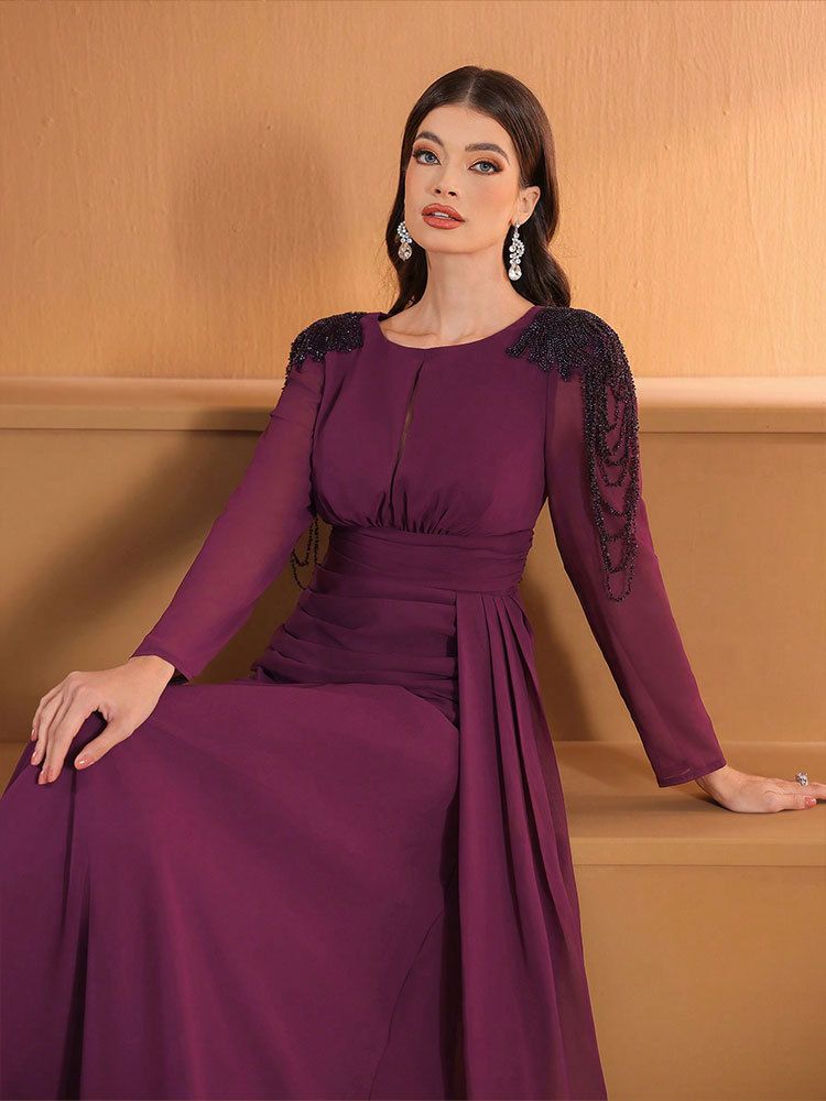 Women's Elegant Floral Embroidered Chiffon Maxi Dress With Lantern Sleeves – High Waist A-Line Party Gown For Evening, Wedding & Office (Purple)_voghion.com