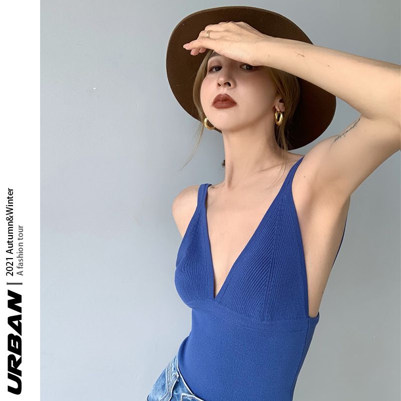 Canotta in maglia con scollo a V e scollo profondo, elegante, da donna, autunno Qicheng Spicy Girl_voghion.com