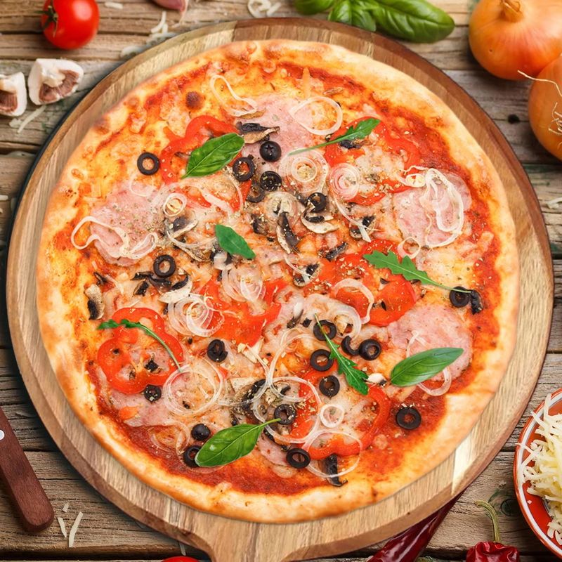 Holzschneidebrett, Pizzabrett aus Akazienholz mit Griff, rund, tragbar, Essteller aus Holz, Küchentablett_voghion.com