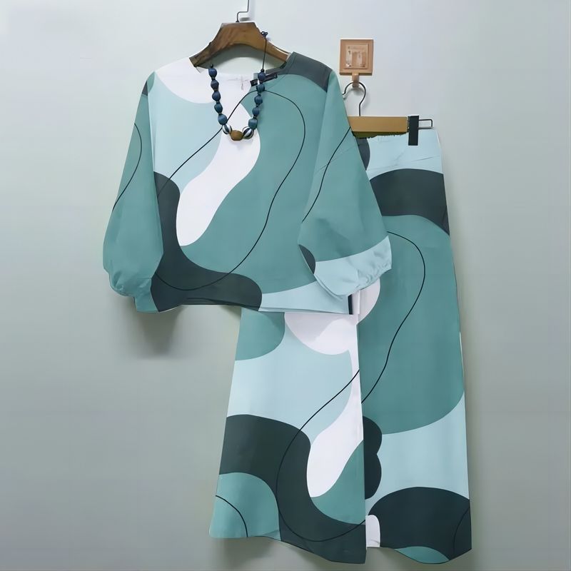 Lente Nieuwe Dames Geometrische Print Casual Matching Set Bohemian Top Wijde Broek 2-delige Set_voghion.com