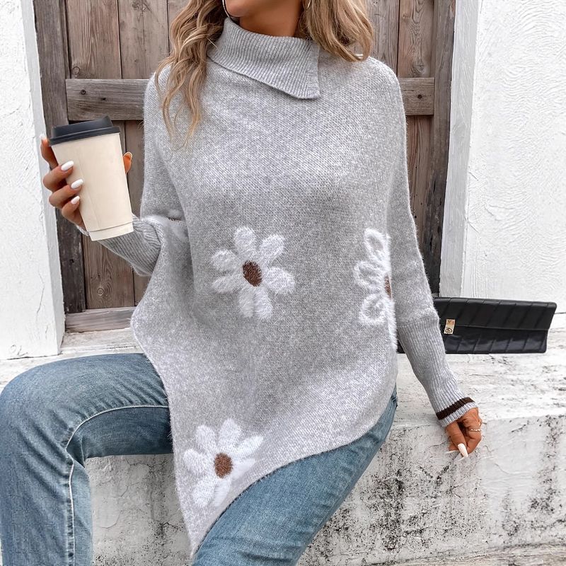 Blumen-Jacquard-Cape-Pullover – Europäisch inspirierter Pullover mit elegantem Cape-Detail (XS-XL, unverzichtbar für den Lagenlook im Herbst)_voghion.com