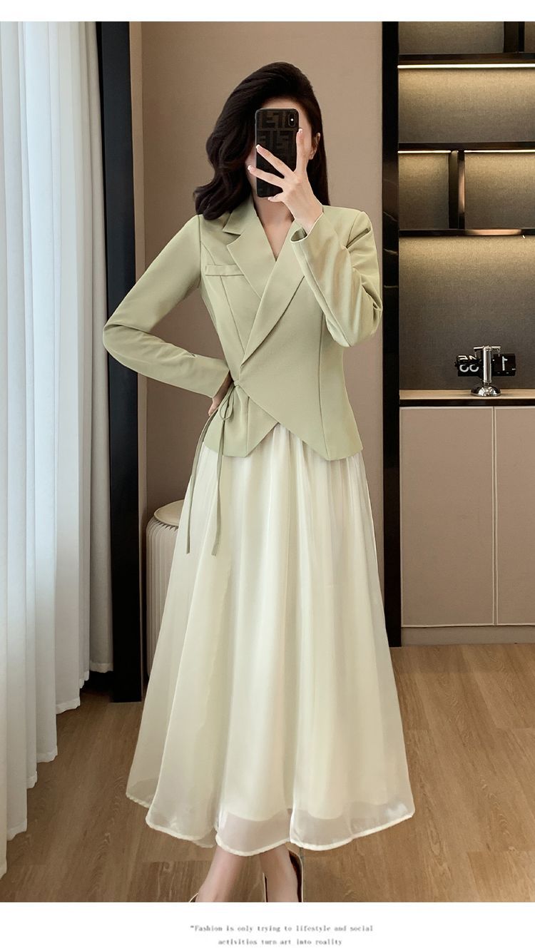 Bu Yılın İlkbahar Modası Yarım Etek + İki Parçalı Takım Zarif Tanrıça Tarzı Lüks Yeşil Blazer Takım_voghion.com