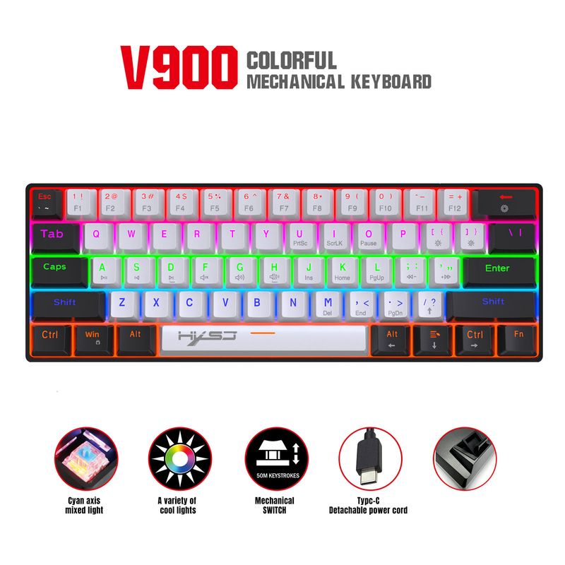 V900BW vezetékes mechanikus gamer billentyűzet 61 billentyűvel és 60%-ban kompakt Green Axis hűvös világítással, hordozható_voghion.com