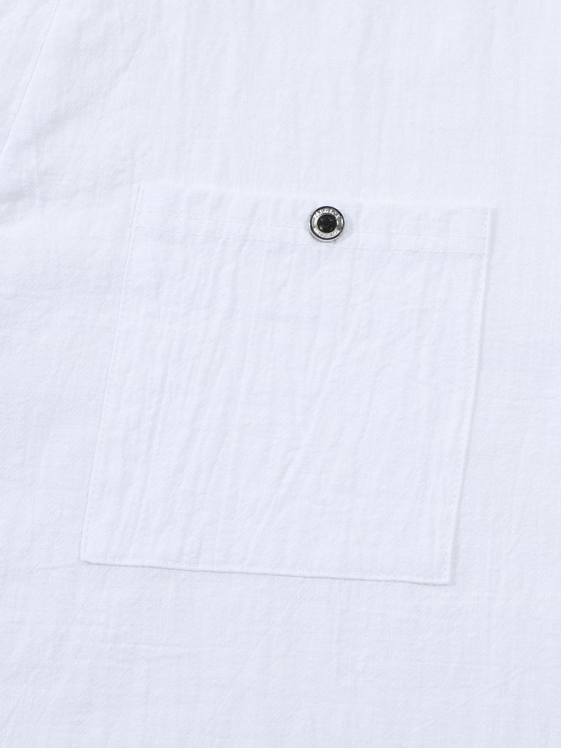 Camicia da uomo a maniche corte in lino e cotone – Collo alto traspirante, vestibilità comoda, casual (S-XXXL, blu navy/bianco/albicocca)_voghion.com