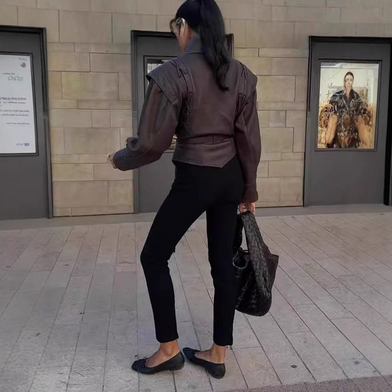 2024 Autumn New Fashionable Elegant Lapel Tie Long Sleeve Jacket Leather Coat Commuter Style_voghion.com