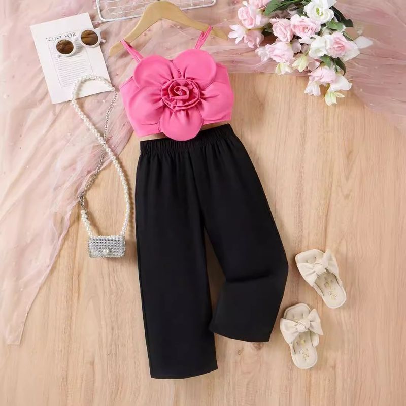 Mutter Kinder Sommer Stilvolle Anzug 3D Drei Dimensionale Blume Hosenträger Top Einfache Hosen Mädchen Anzug_voghion.com