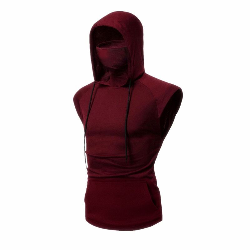 Camiseta de treino masculina com capuz e máscara facial - Colete de ginástica respirável sem mangas para corrida, treinamento e esportes ao ar livre (preto, azul, vinho tinto, cinza) P-XGG_voghion.com