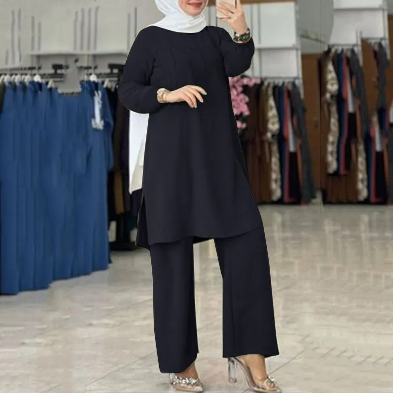Moteriški dviejų dalių moteriški drabužiai Sportiniai drabužiai Elegantiški vienspalviai marškiniai ilgomis rankovėmis, plačių kelnių kostiumas_voghion.com
