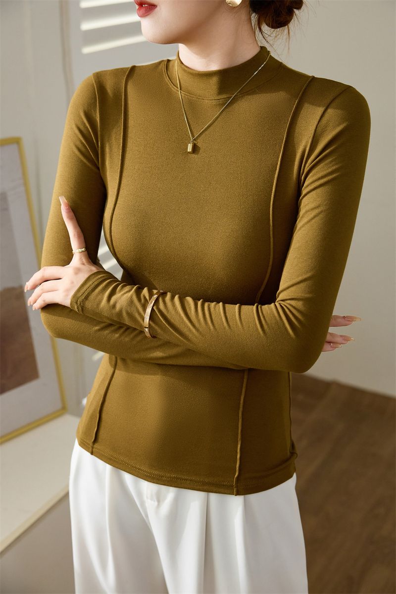 Women's Clothing Maillard high end design 2024 autumn and winter new half high collar T shirt women's long sleeved slim bottoming shirt top trend_voghion.com