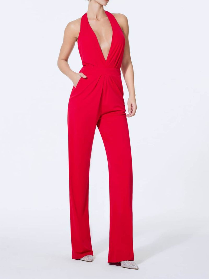 Elegante halternek jumpsuit voor dames - Lange mouwloze jumpsuit met V-hals, rekbaar polyester, halfhoge taille - (S-2XL)_voghion.com