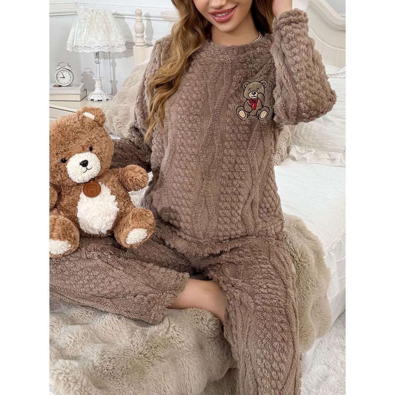 Gemütliches Winter-Pyjama-Set aus Fleece mit Bären-Print für Damen – Nachtwäsche aus weichem Korallenfleece mit langen Ärmeln, Lounge-Outfit für Zuhause (Braun, S/M/L/XL)_voghion.com