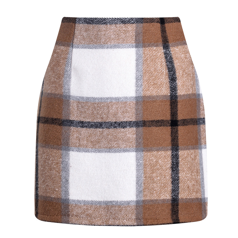 Damesmode geruite rok met hoge taille, strakke potloodwollen minirok_voghion.com