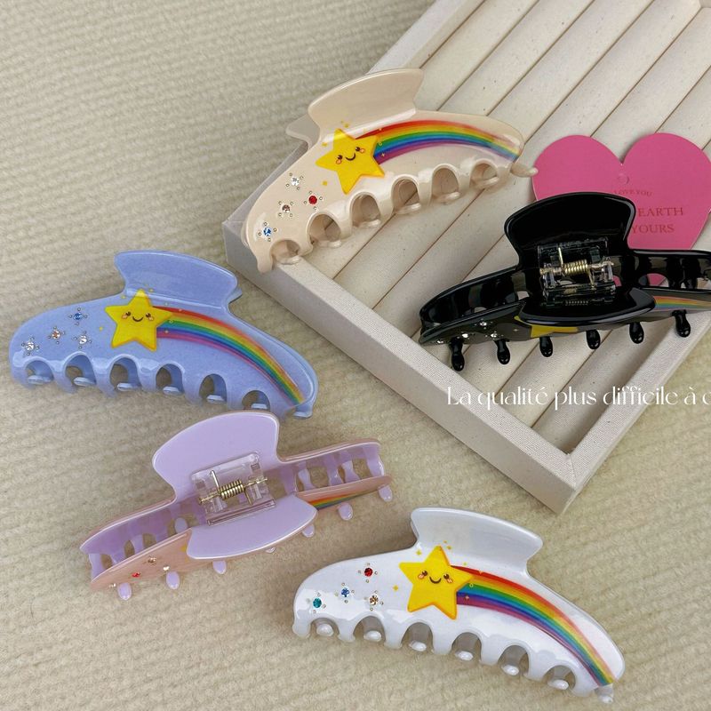 Eleganter Regenbogen im koreanischen Stil mit fünfzackigem Stern und Acetat-Textur-Greifer-Design, mit Diamanten besetzte Hochsteckfrisur am Hinterkopf, Haifisch-Clip, Haar-Accessoires_voghion.com