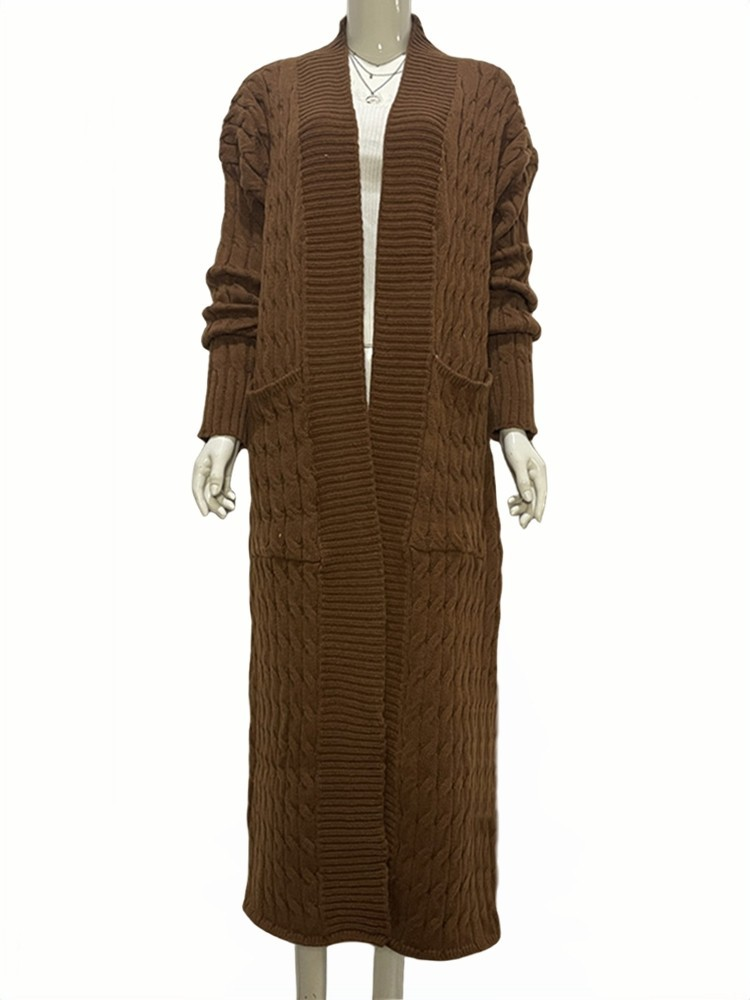 Damen-Strickpulloverjacke mit langen Ärmeln, lockerer langer Strickjacke_voghion.com