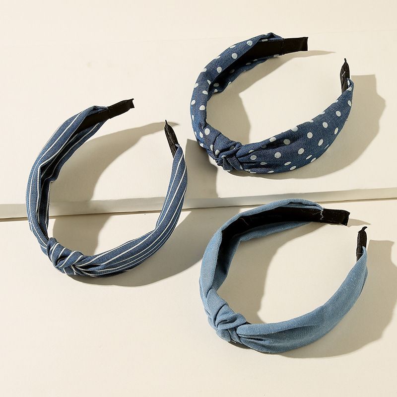 Fascia per capelli con linguetta a righe in denim, versatile per donna, primavera ed estate, con bordo largo e forcina_voghion.com