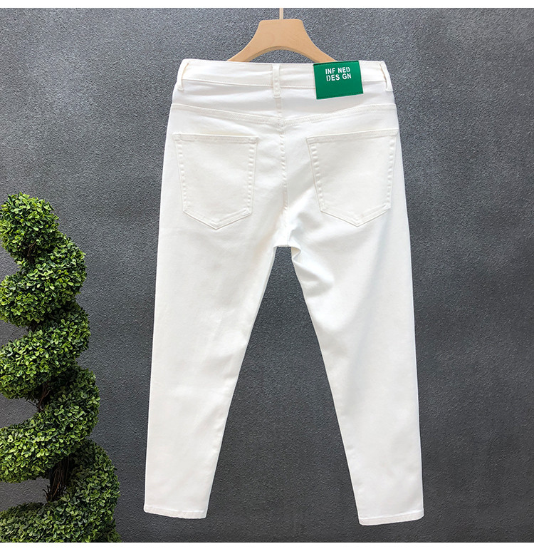 Miesten yksiväriset farkut miehille Trendikäs merkki Slim Fit Skinny Nine-point housut miehille Henkiset nuoret miehet valkoiset vapaat housut_voghion.com