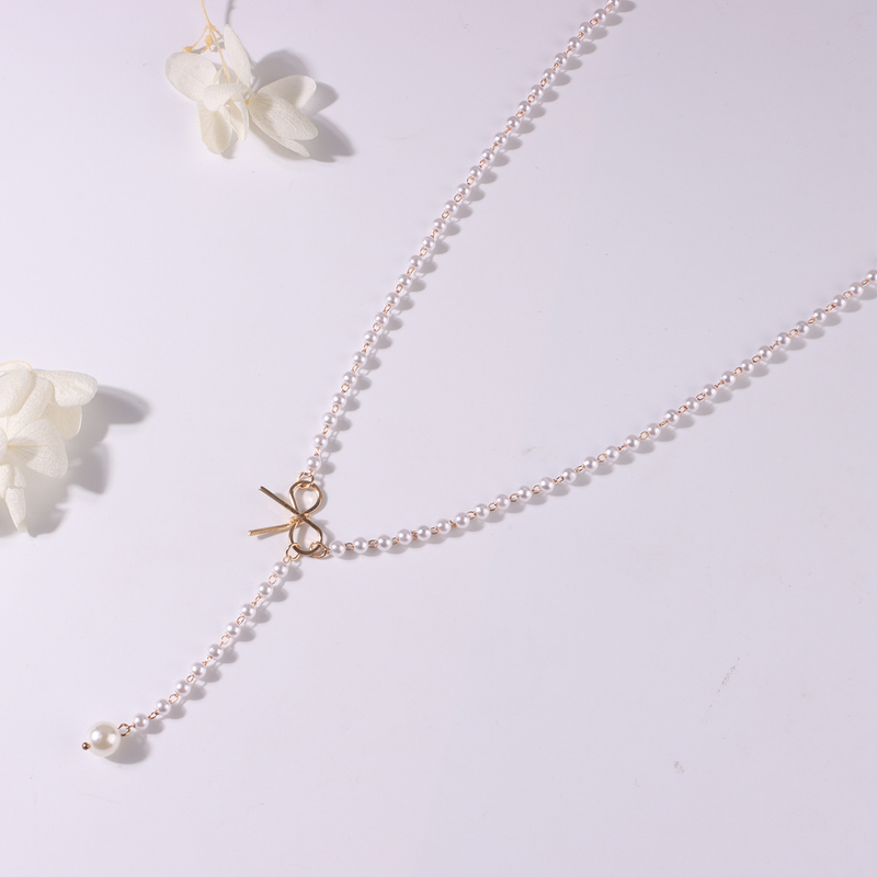 Colar com pingente de pérolas franjadas e laço de liga, colar feminino popular de temperamento simples_voghion.com