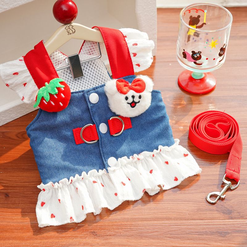 Pet Harness Cat Small Medium Dog Clothes Leashable Teddy Bichon Pomeranian Denim Plush Dress_voghion.com