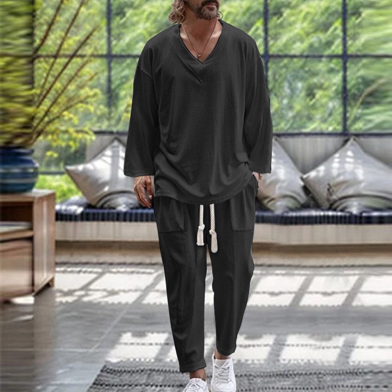 2024 Frühling und Herbst Herren V-Ausschnitt Shirt Casual Loose Langarm Hose Strand Set_voghion.com