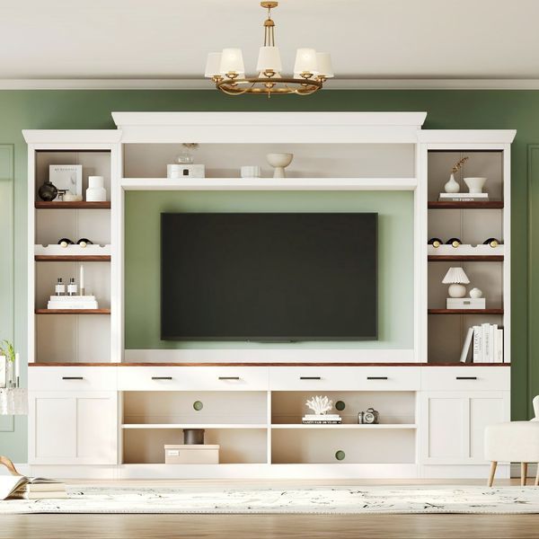 ON-TREND Farmhouse 4-Piece Entertainment Wall Unit Set With Bookshelf For TVs Up To 70', Walnut TV Stand With Adjustable Shelves, Mid-Century Large_voghion.com