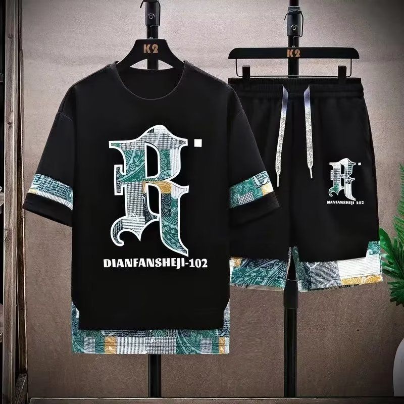 Ropa de hombre Traje deportivo de empalme informal Traje de verano de dos piezas de manga corta para hombres con estudiantes guapos y a la moda_voghion.com