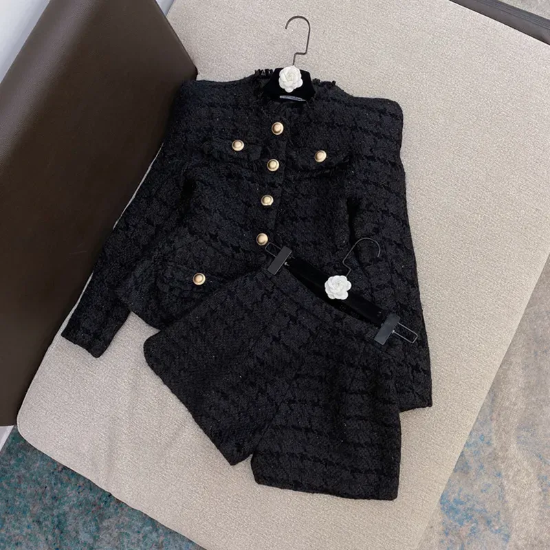 Pantaloni da donna in due pezzi, autunno e inverno, stile piccolo profumo, giacca da cappotto in lana grezza, lucida e bianca, pantaloncini_voghion.com