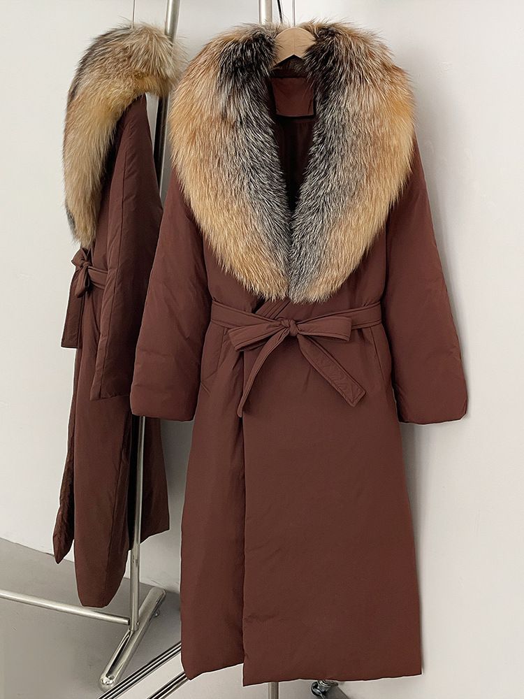 Damenbekleidung Langer Daunenmantel mit Fuchspelzbesatz und Gürtel in der Taille, Winterjacke mit schmaler Passform für Büro und Freizeit (mehrere Farboptionen)_voghion.com