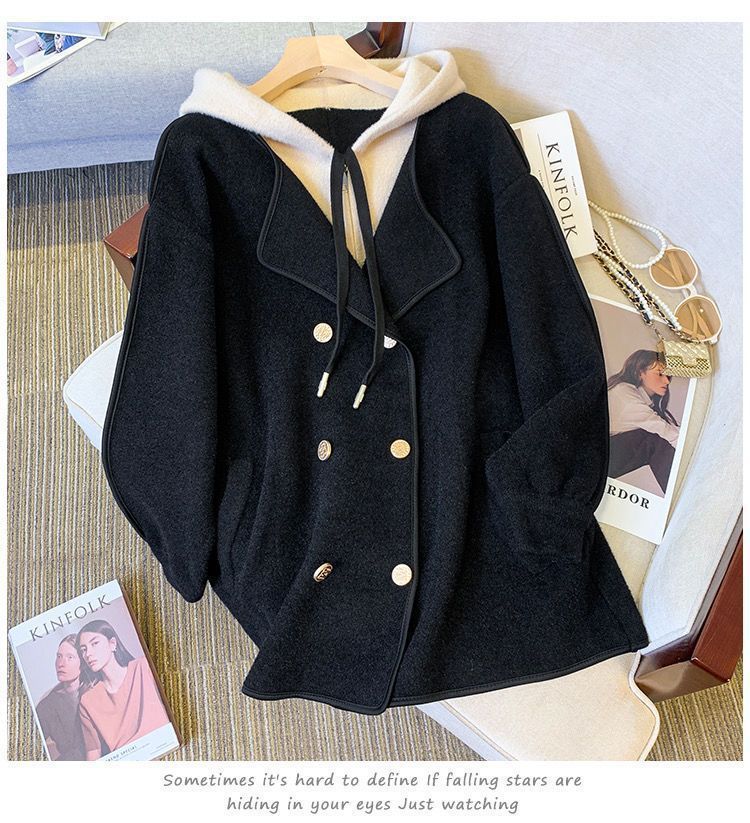 Oversized Hooded Coat For Women - Chic Two-In-One Wool Blend Jacket With Flattering Fit, Casual Elegance For Autumn & Winter (S-3xl, Black/Beige)_voghion.com