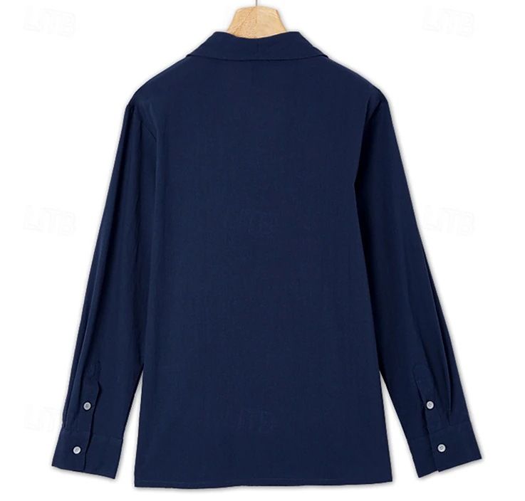 Camicia casual da uomo a maniche lunghe in cotone e lino tinta unita, con risvolto doppiopetto, primavera e autunno_voghion.com