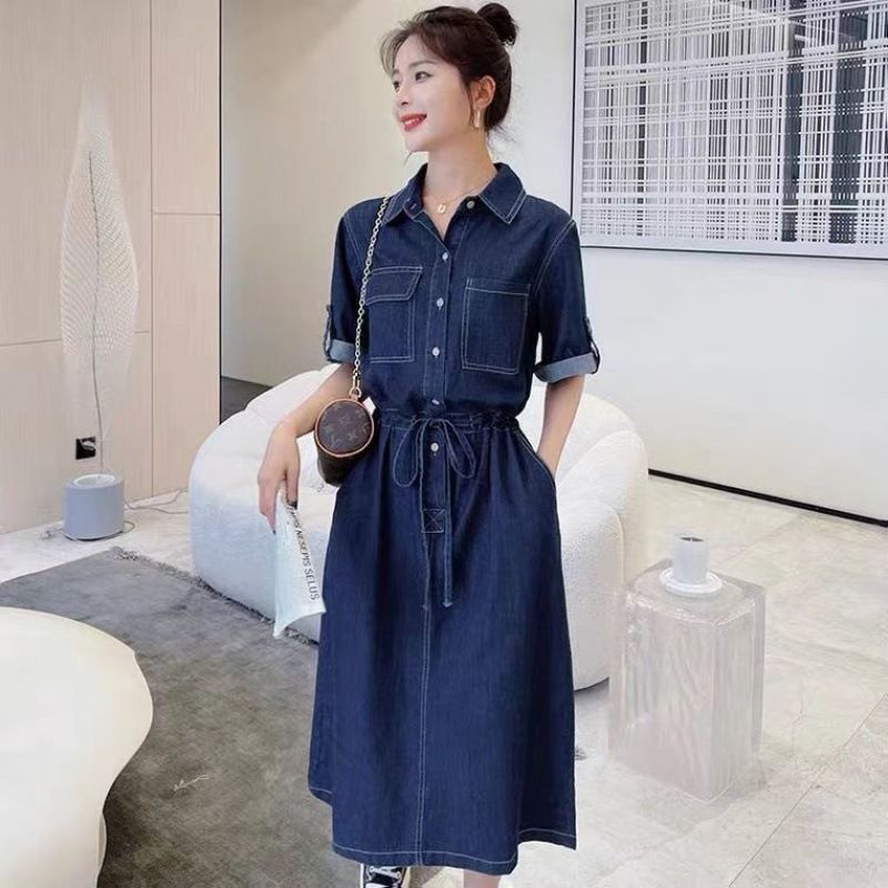 Vestido vaquero de talla grande para mujer, largo medio, cintura holgada y falda informal, primavera/verano._voghion.com