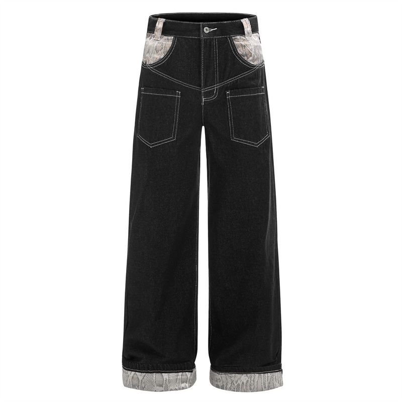 Pantaloni cargo da uomo alla moda con risvolto e motivo a serpente, modello Sense Niche, modello dritto, in denim con blocchi di colore e motivo a serpente_voghion.com