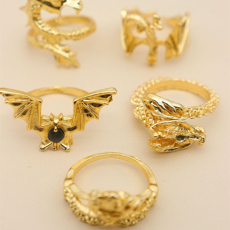 Ready Stock 5pcs Vintage Hip Hop Punk Dragon Snake Butterfly Bat Skull Retro Knuckle Joint Rings Women Gothic Finger Ring Set Animal_voghion.com